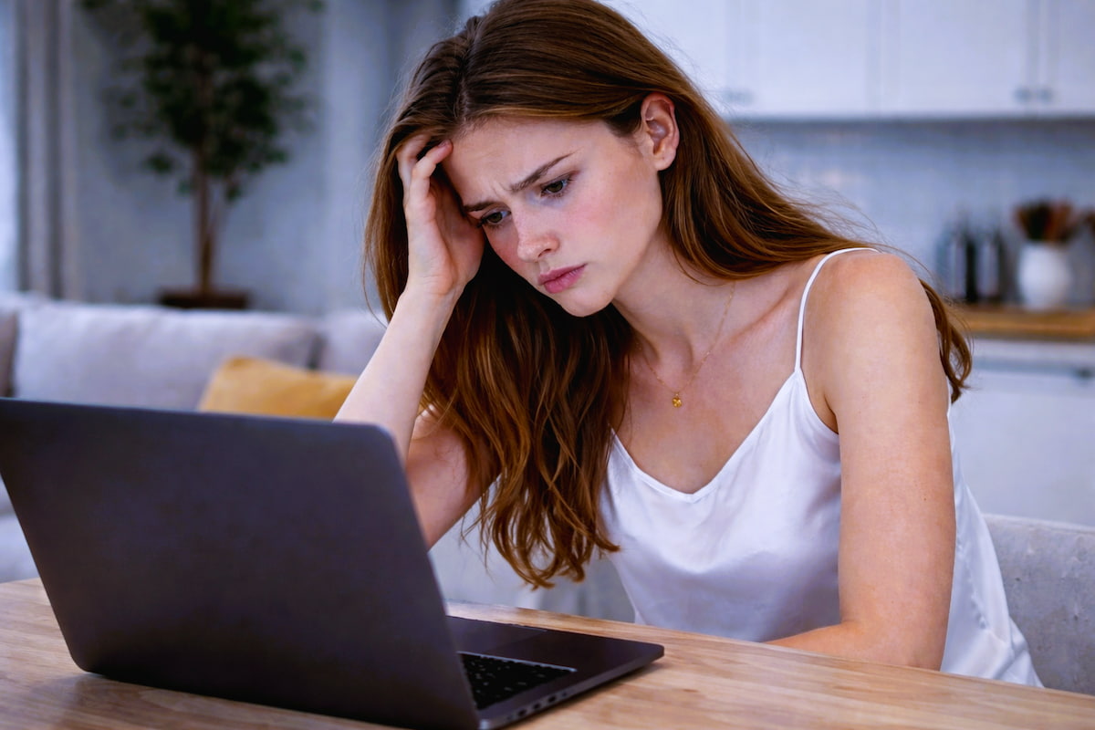 Female student loan borrower looking confused while checking loan balance on laptop at home