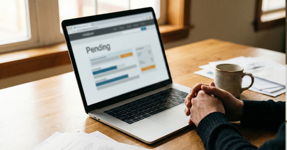 Student loan forgiveness application showing a pending status on a laptop screen