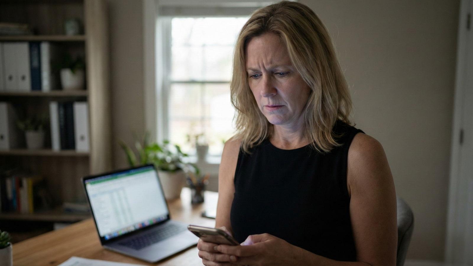 Woman checking phone after noticing smaller paycheck at home