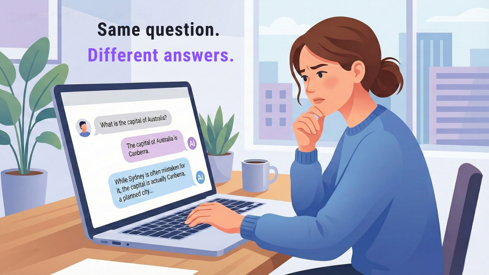 Illustration of a woman using an AI chat tool and noticing different answers to the same question