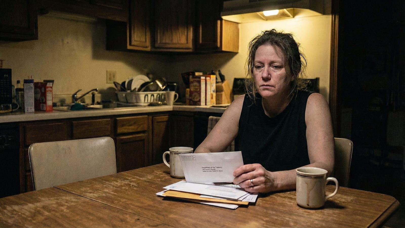 Woman reviewing tax and loan notices at a kitchen table late at night