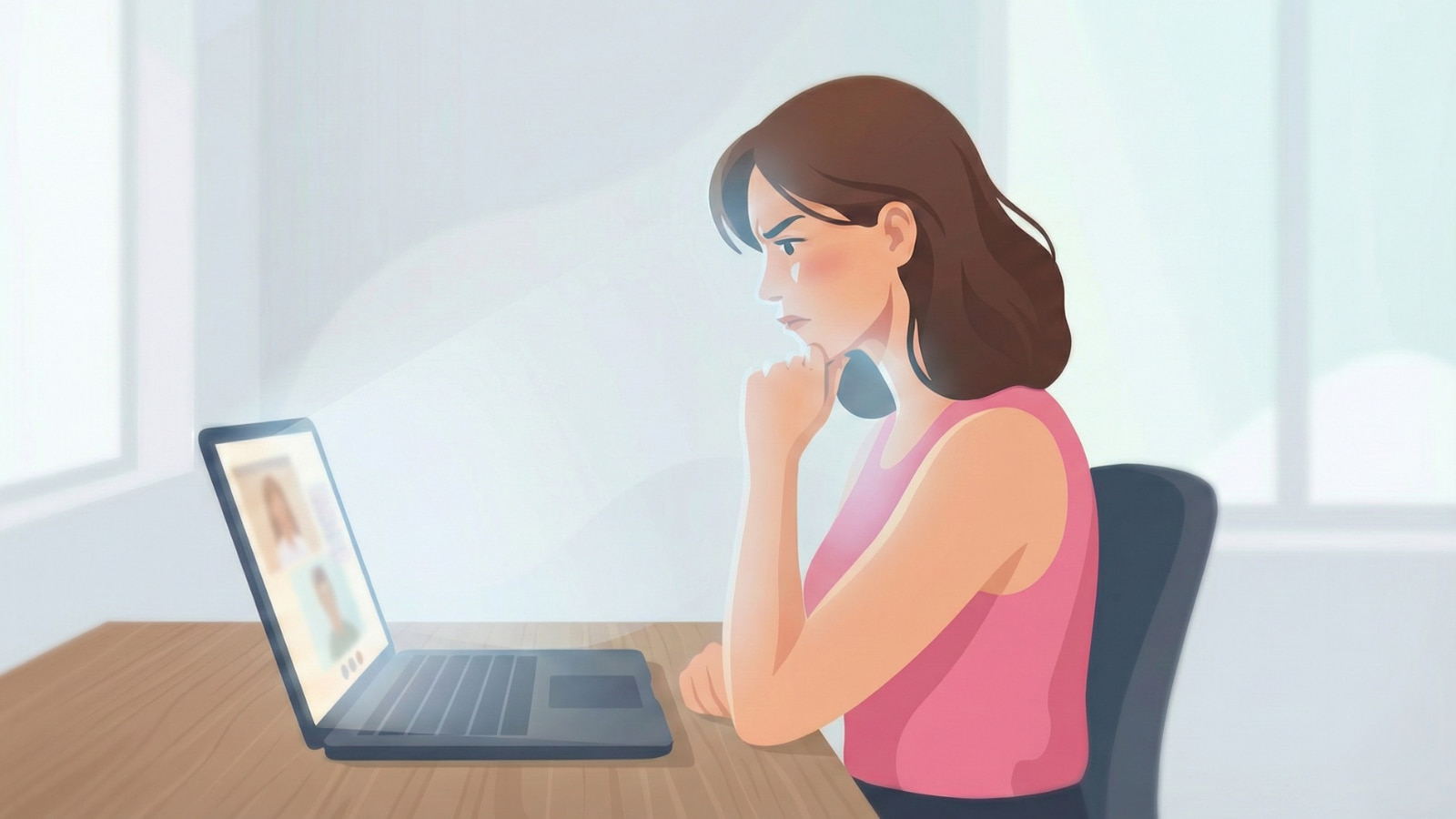 Woman sitting at a desk staring at a laptop screen, looking concerned as she thinks about changes in her work and career