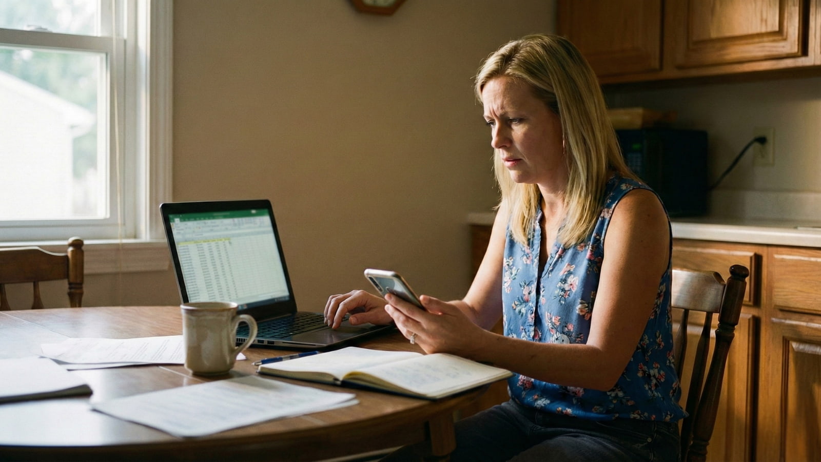 Woman reviewing a household budget on a laptop while checking her phone at a kitchen table in early 2026.