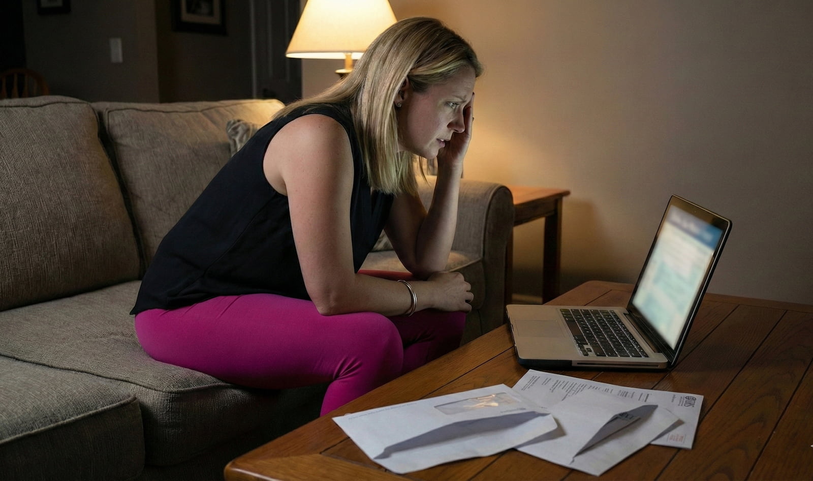 Woman reviewing IRS mail and tax documents on a laptop at home late at night