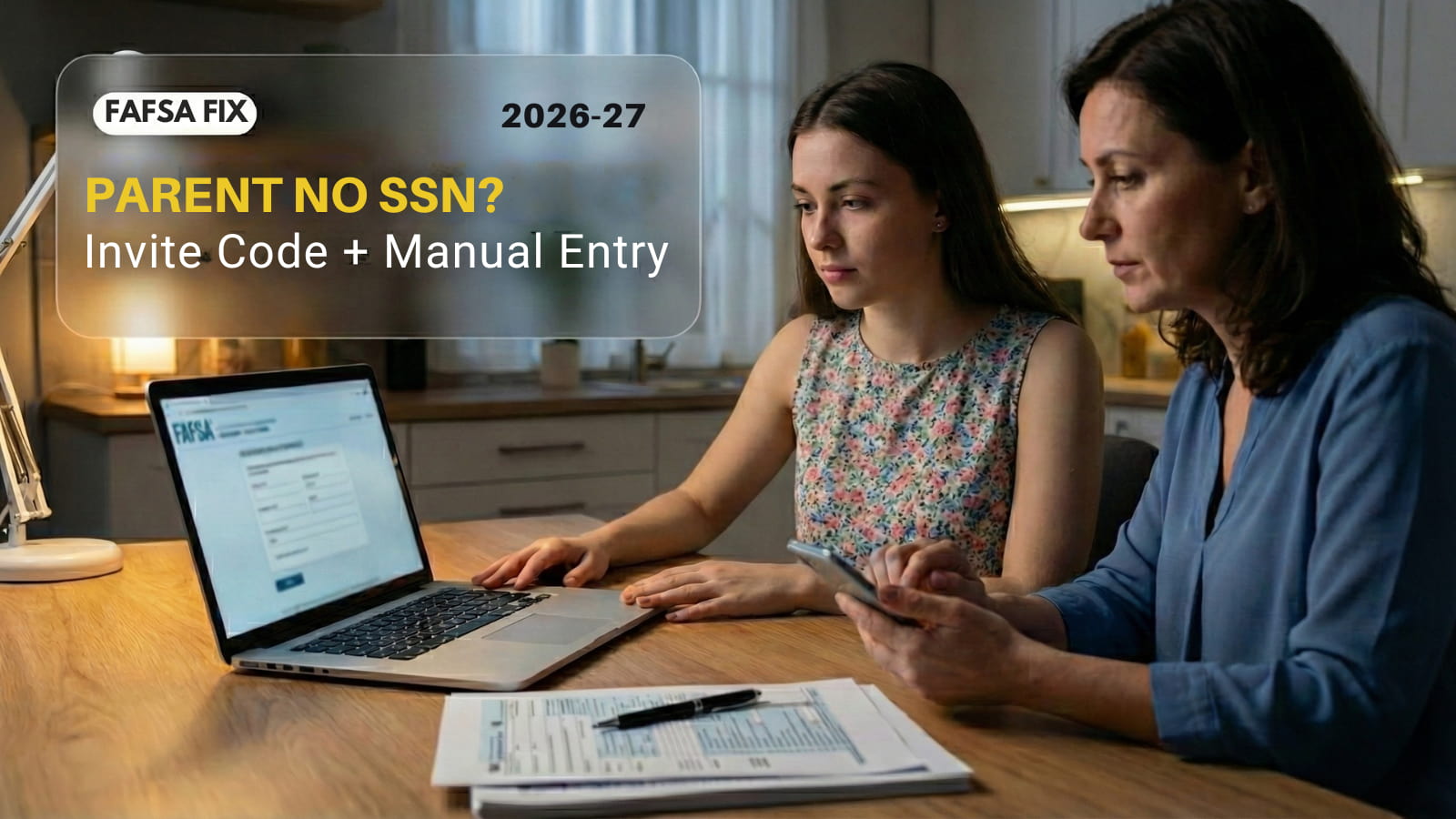 U.S. college student and parent at kitchen table using a laptop to complete the FAFSA; papers labeled Form 1040; “Parent No SSN” invite code and manual entry fix (2026–27).