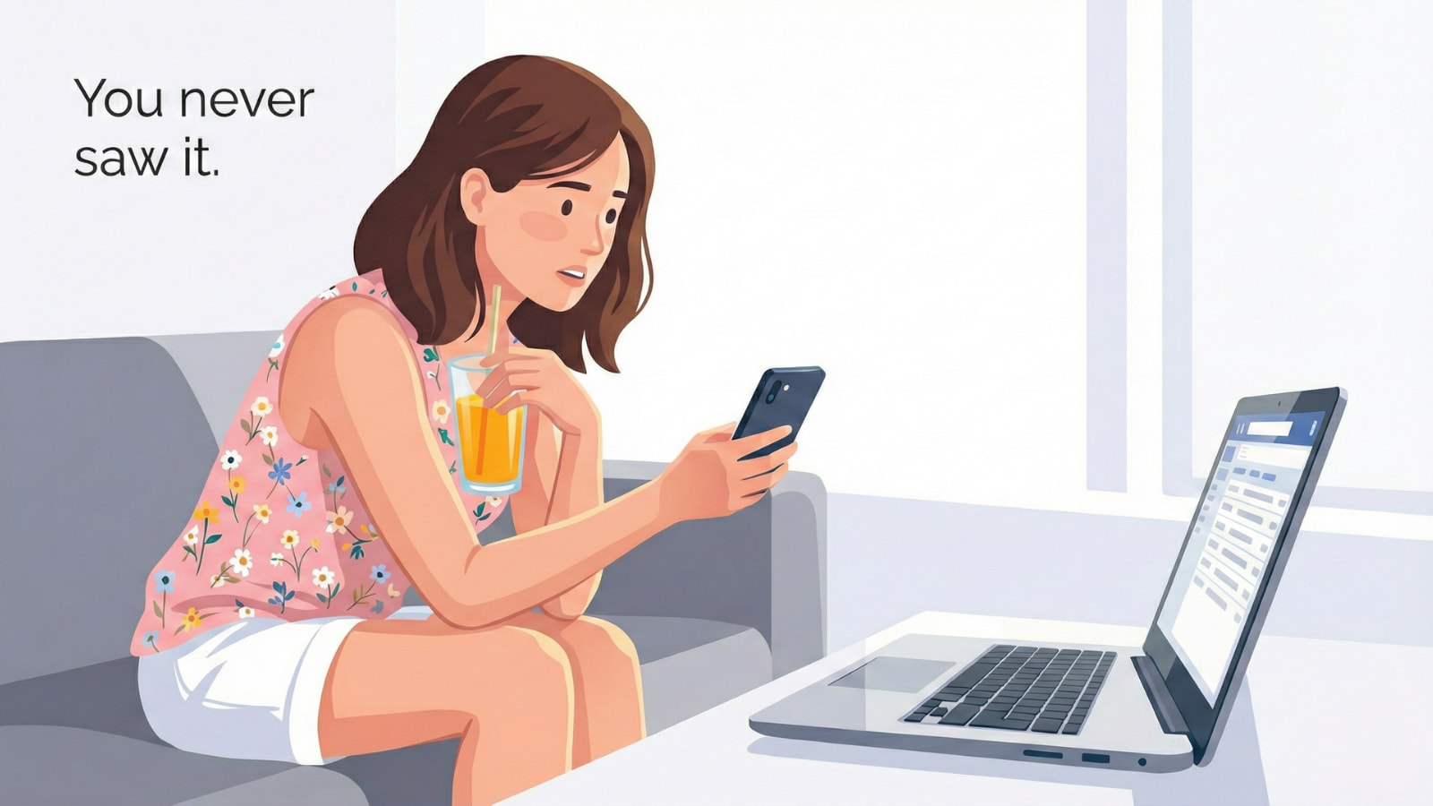 Illustration of a woman checking her phone while an open laptop nearby shows an email inbox, suggesting an important message was missed.