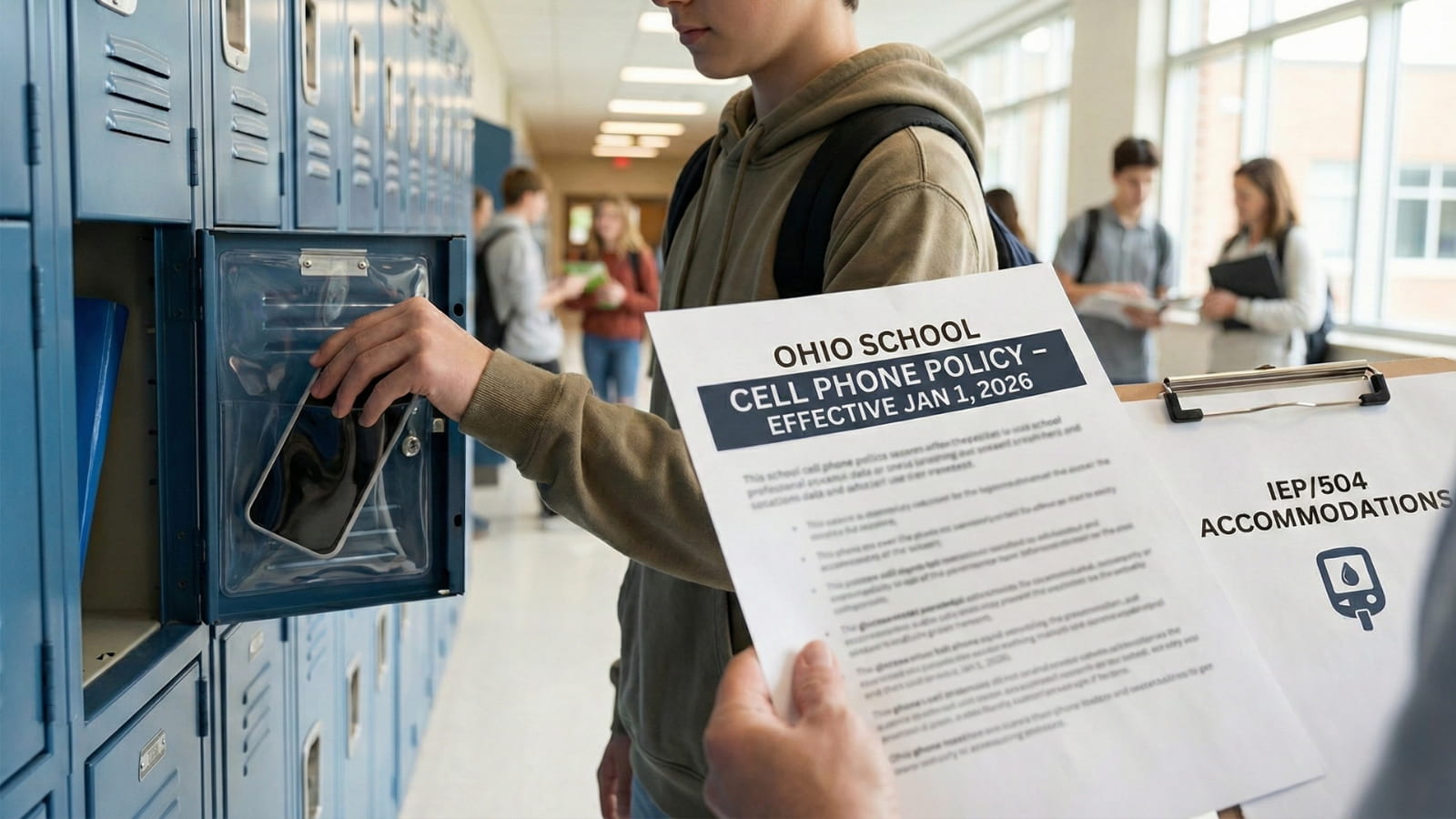 Student placing a phone in a locker pouch while an Ohio school cell phone policy sheet shows “Effective Jan 1, 2026” and “IEP/504 accommodations.”
