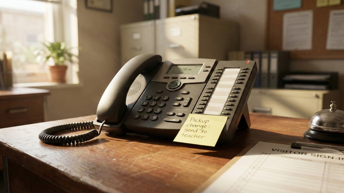 School office desk phone with a pickup change note for a student