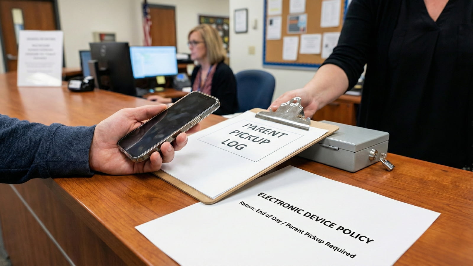 Parent picking up a confiscated phone at a school office counter with a “Parent Pickup Log” and electronic device policy return rule.