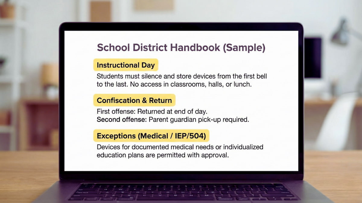 Sample district handbook showing highlighted sections for instructional day, confiscation and return, and exceptions (medical/IEP/504).