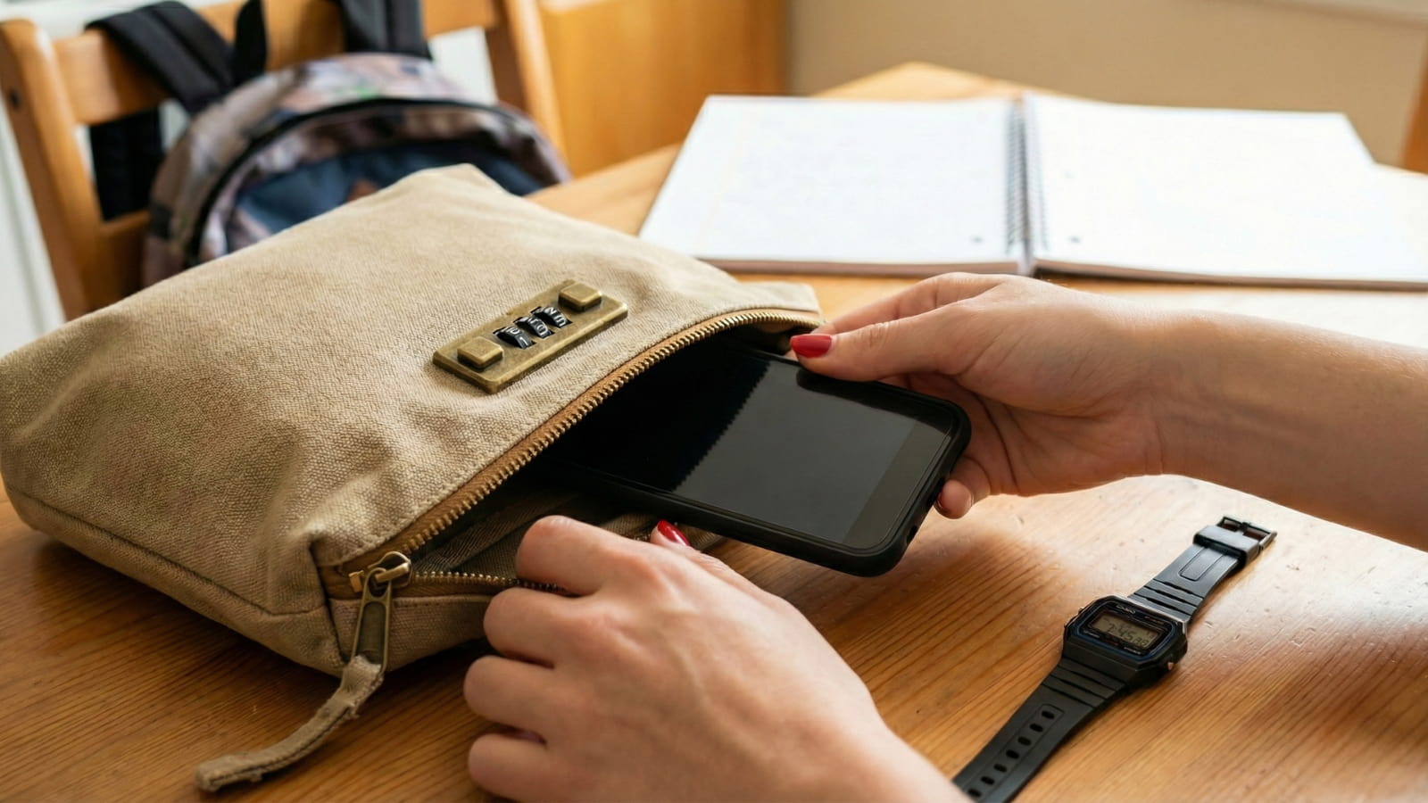 Cheap phone lock pouch and non-smart digital watch for school phone bans