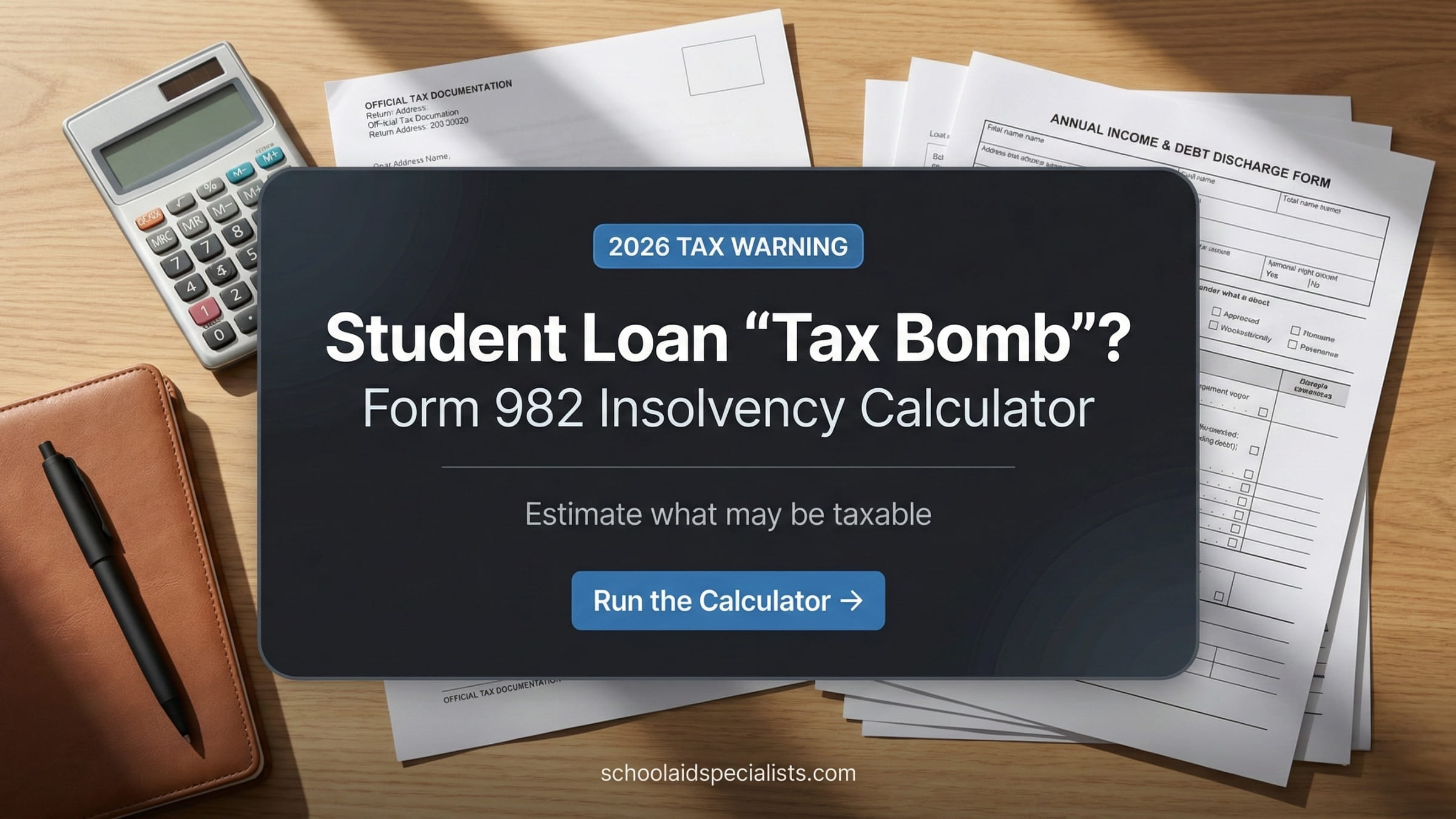Student loan tax bomb graphic with calculator and tax forms, labeled “Form 982 Insolvency Calculator” and “2026 tax warning.”