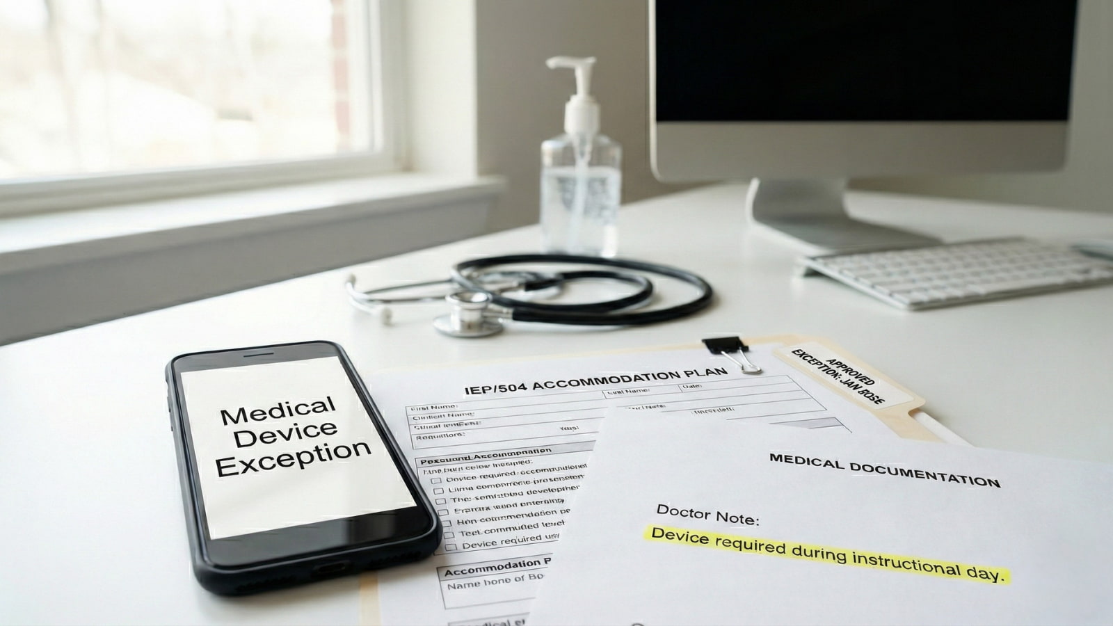 Smartphone and IEP/504 accommodation paperwork showing a medical device exception for Ohio school phone ban rules.