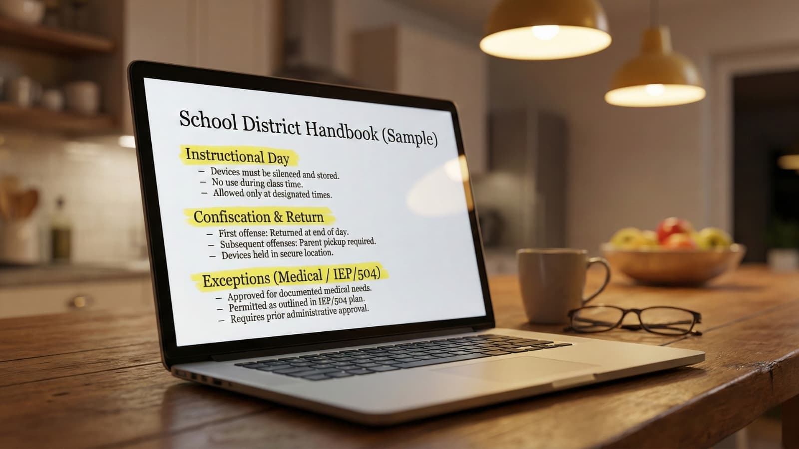 Laptop showing a school district handbook with highlighted sections for instructional day, confiscation and return, and exceptions for medical or IEP/504.