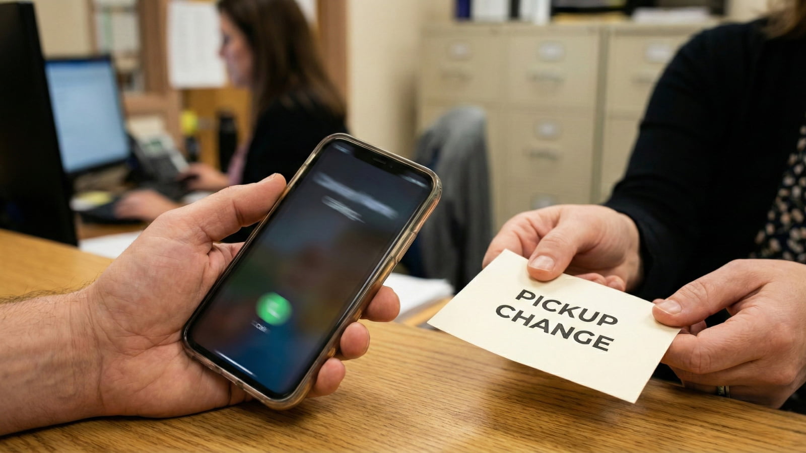Parent calling the school office to deliver a pickup change message during a phone ban.