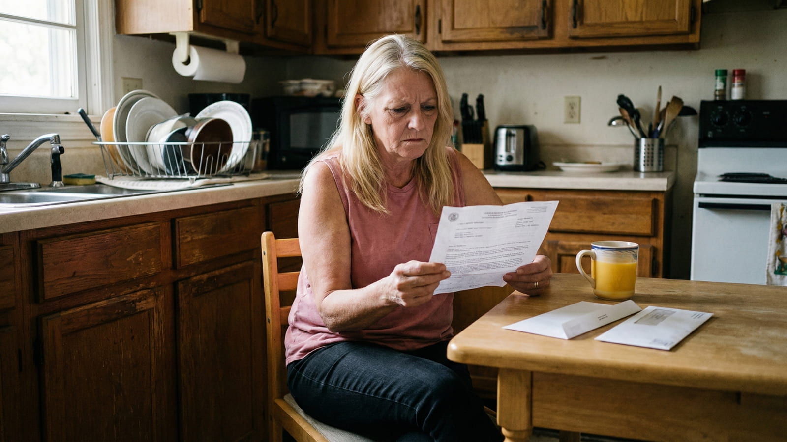 Older woman reading a government notice at a kitchen table after a Social Security check reduction
