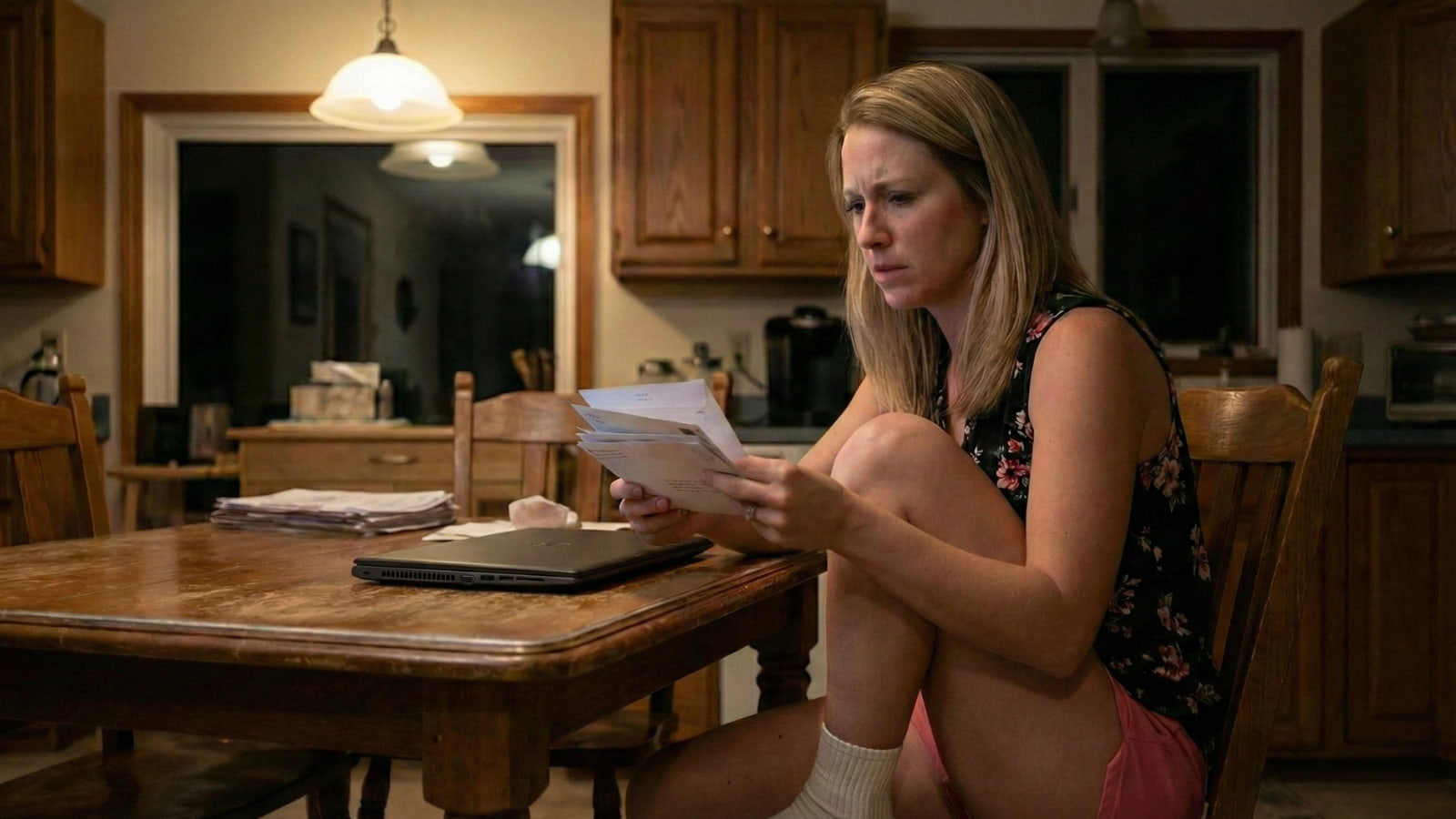 Worried student loan borrower reading official mail at a kitchen table late at night