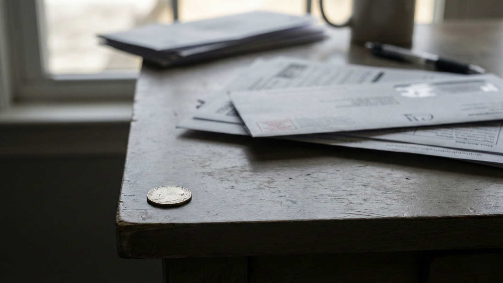 Coin placed near the edge of a desk beside old loan paperwork, showing how a small payment can trigger serious consequences.