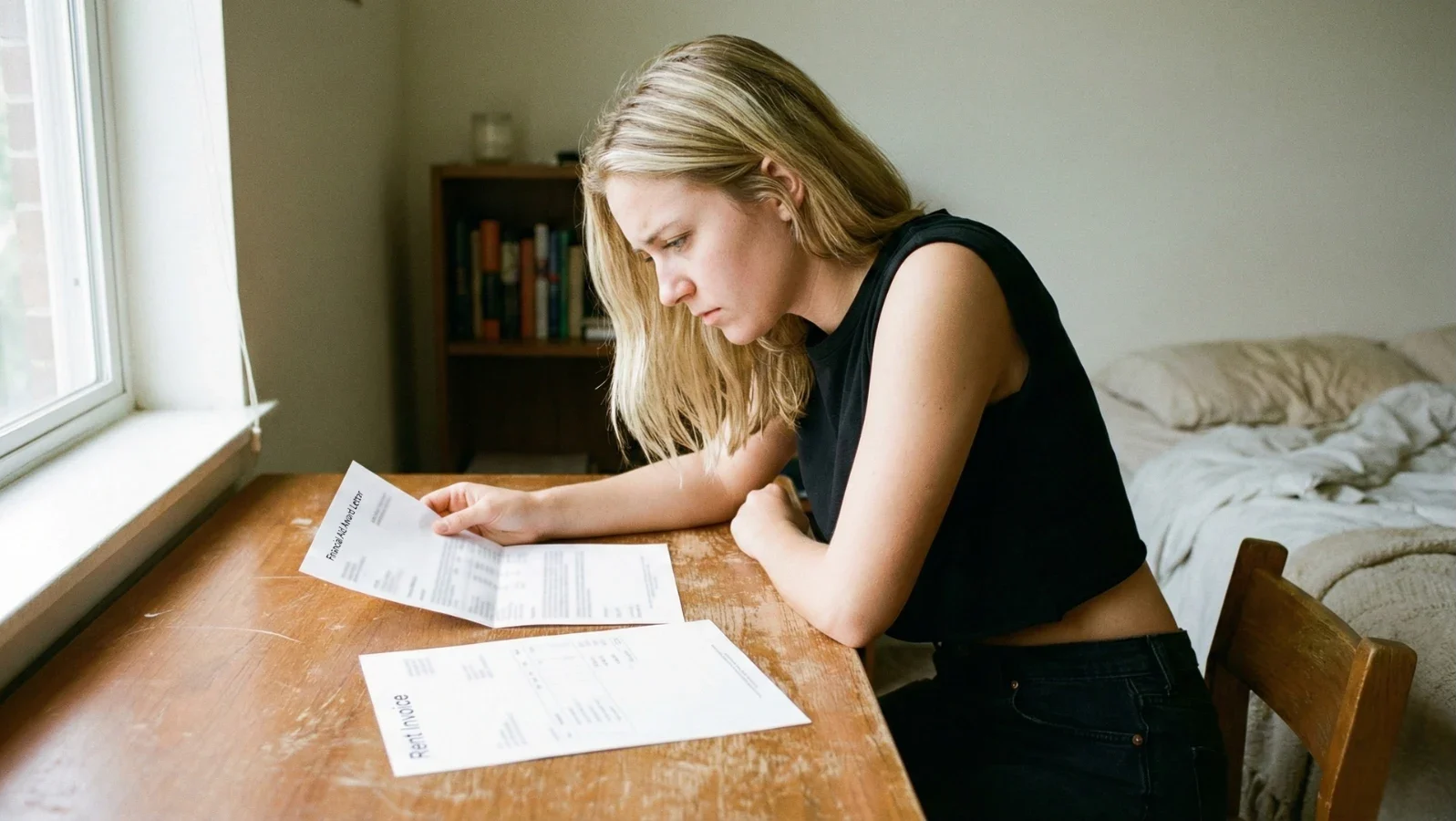 College student reviewing financial aid award letter and rent invoice at apartment desk