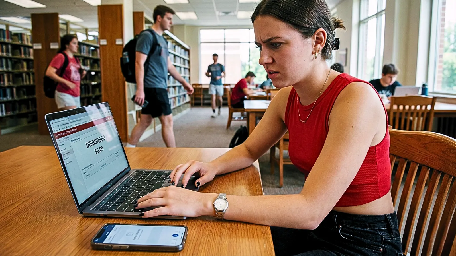 College student reviewing a financial aid portal showing “Disbursed” with a $0 balance while checking a bank app on her phone.