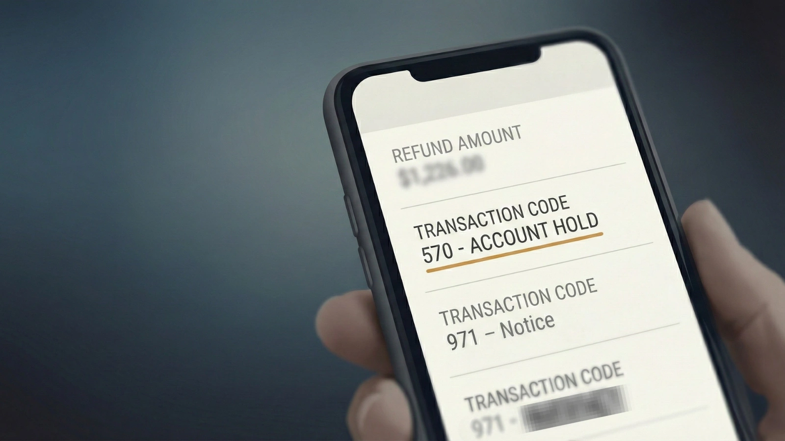Smartphone screen displaying IRS tax transcript with Code 570 account hold and Code 971 notice visible.