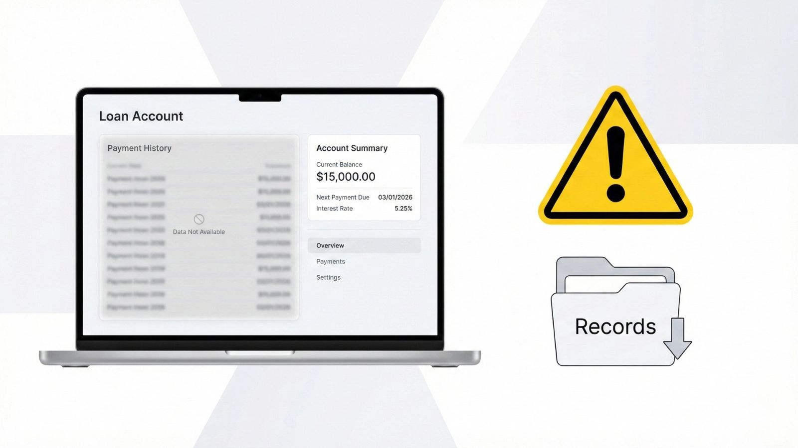 Laptop screen showing a loan account dashboard with blurred payment history and a warning icon, illustrating missing MOHELA payment history during migration.