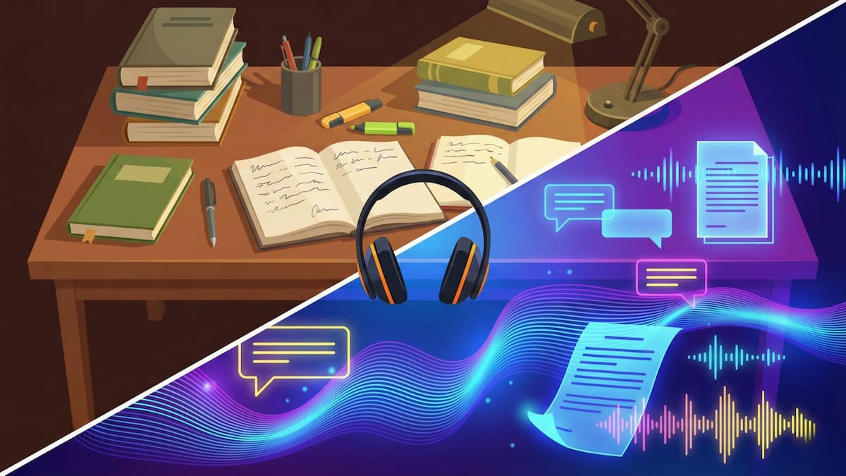 Split illustration showing traditional note-taking on one side and interactive audio study with headphones and sound waves on the other