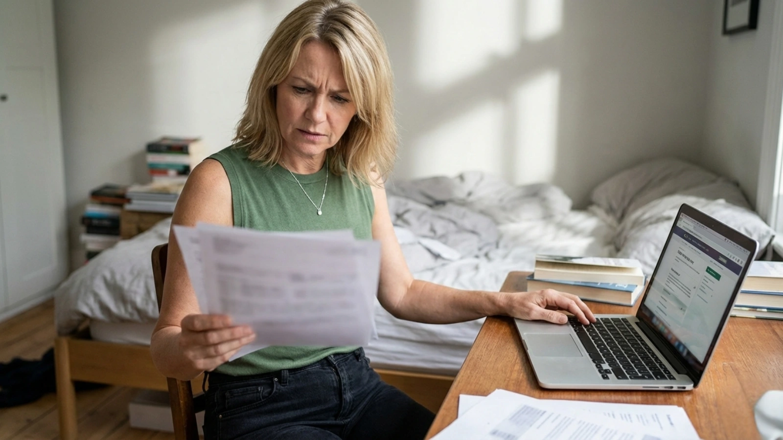 Parent reviewing private student loan paperwork while applying for cosigner release on laptop