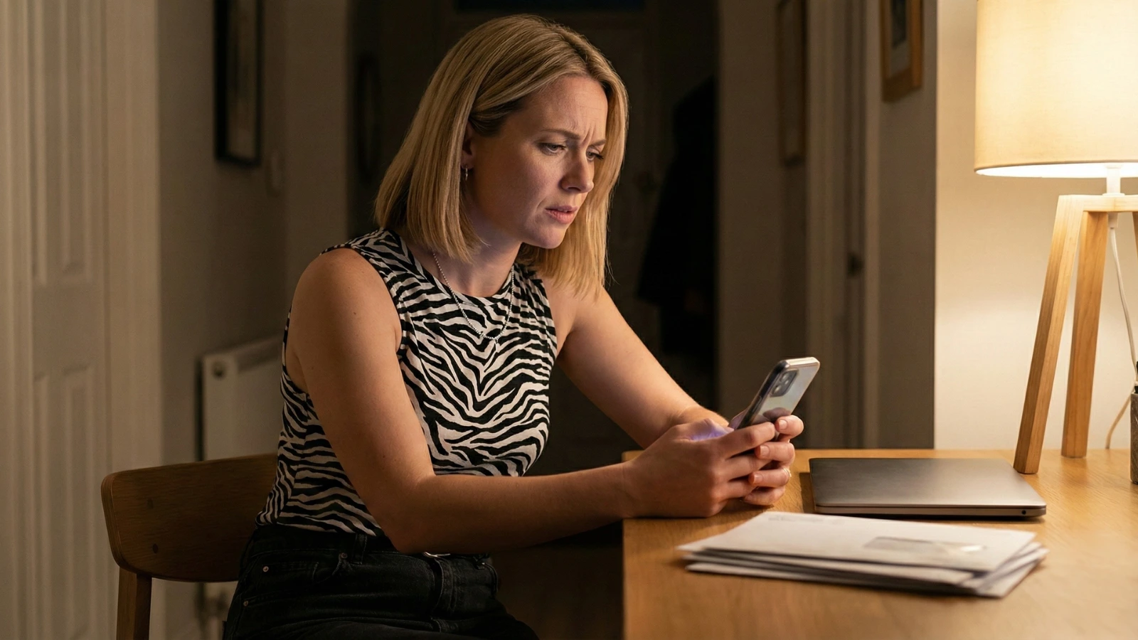 Woman checking her phone at night while waiting for a delayed tax refund deposit