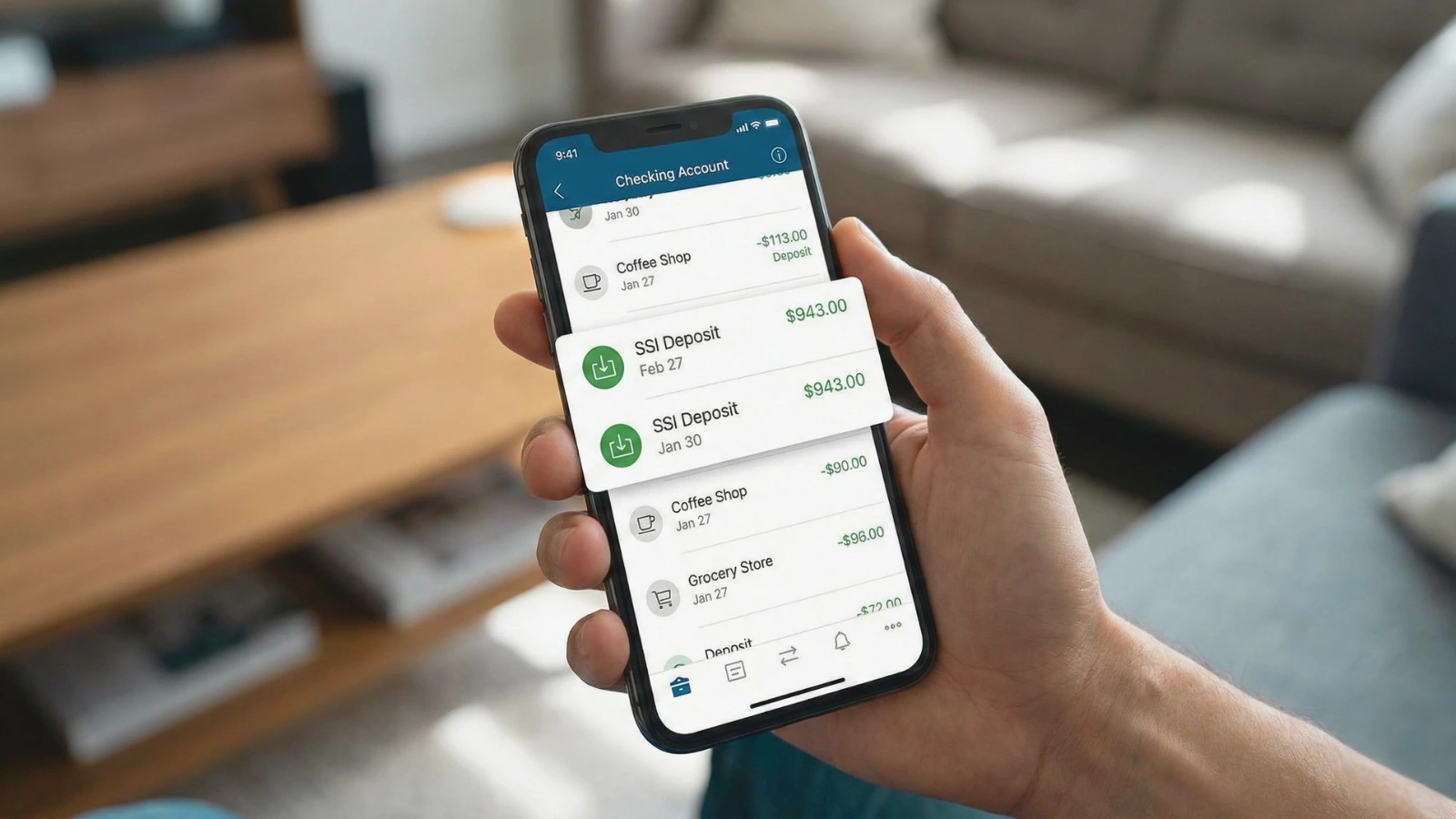 Banking app screen showing two SSI deposits dated January 30 and February 27, 2026.