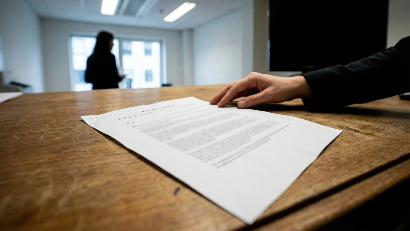 Employment contract on a desk as a worker considers leaving a job while another person stands in the background