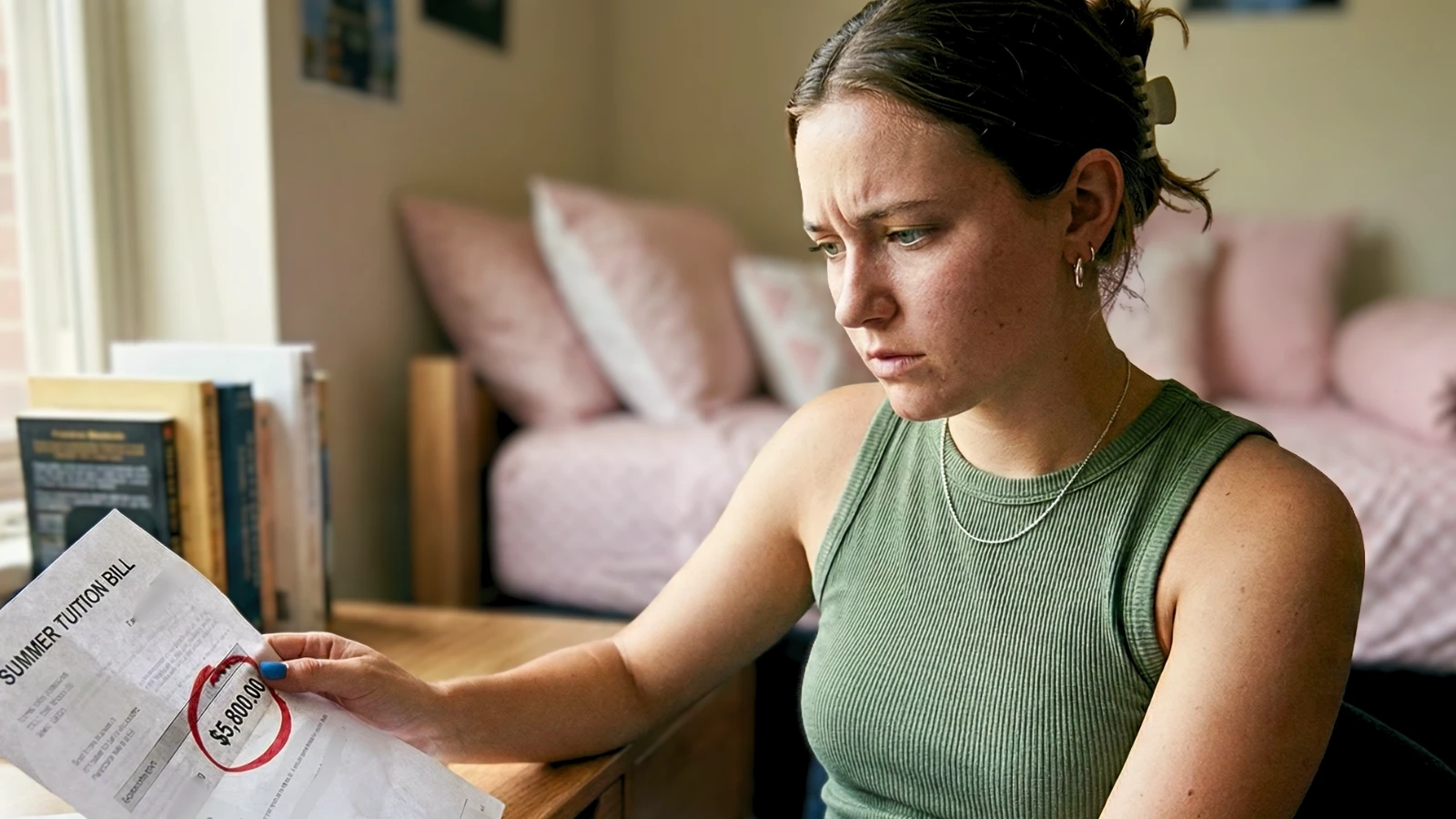 College student reviewing a $5,800 summer tuition bill while considering Pell Grant funding