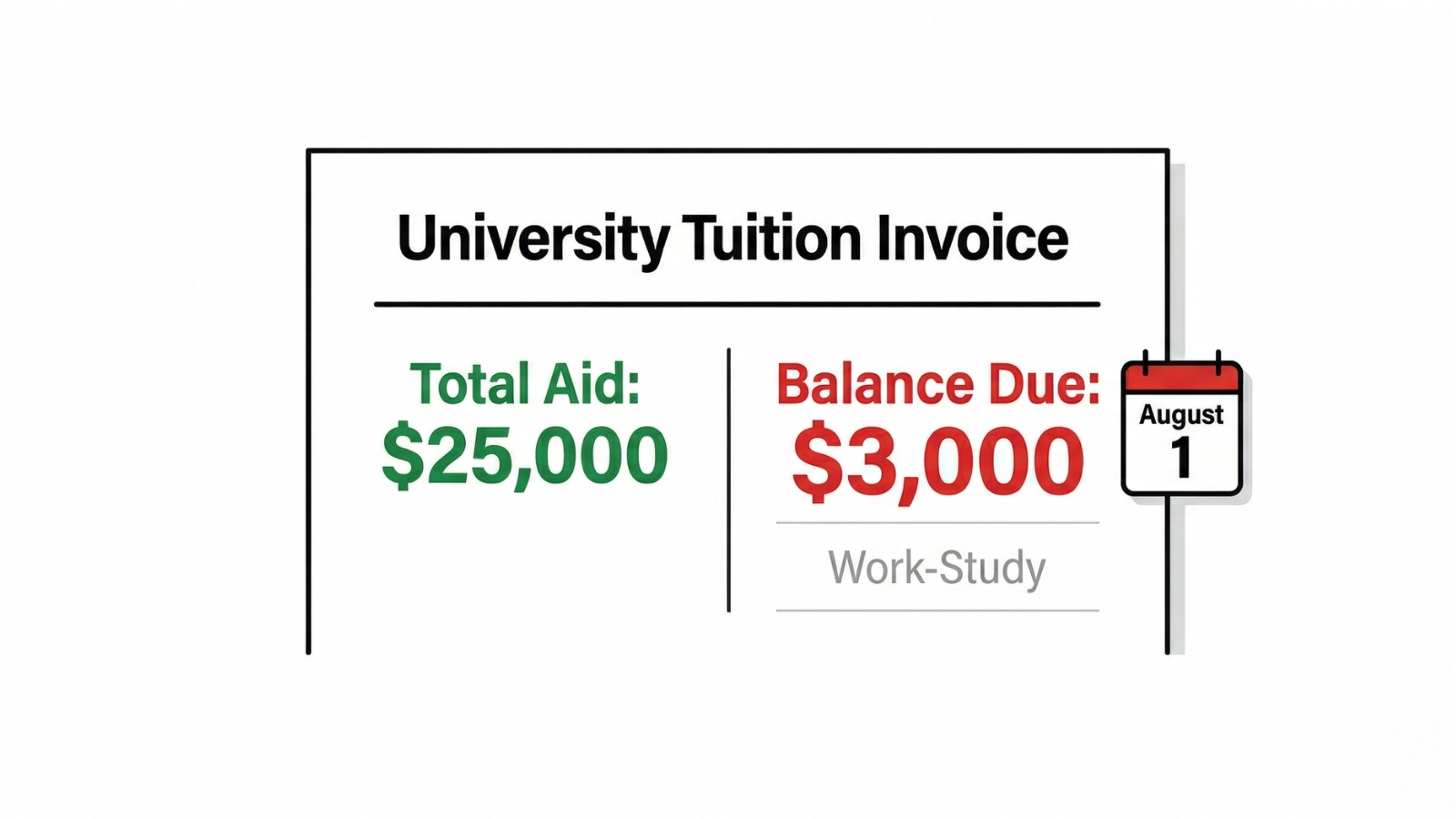 University tuition invoice showing $25,000 total aid and $3,000 balance due tied to Federal Work-Study with August 1 deadline