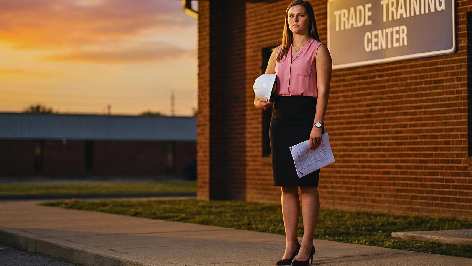 Young adult standing outside a trade training center holding a hard hat and documents