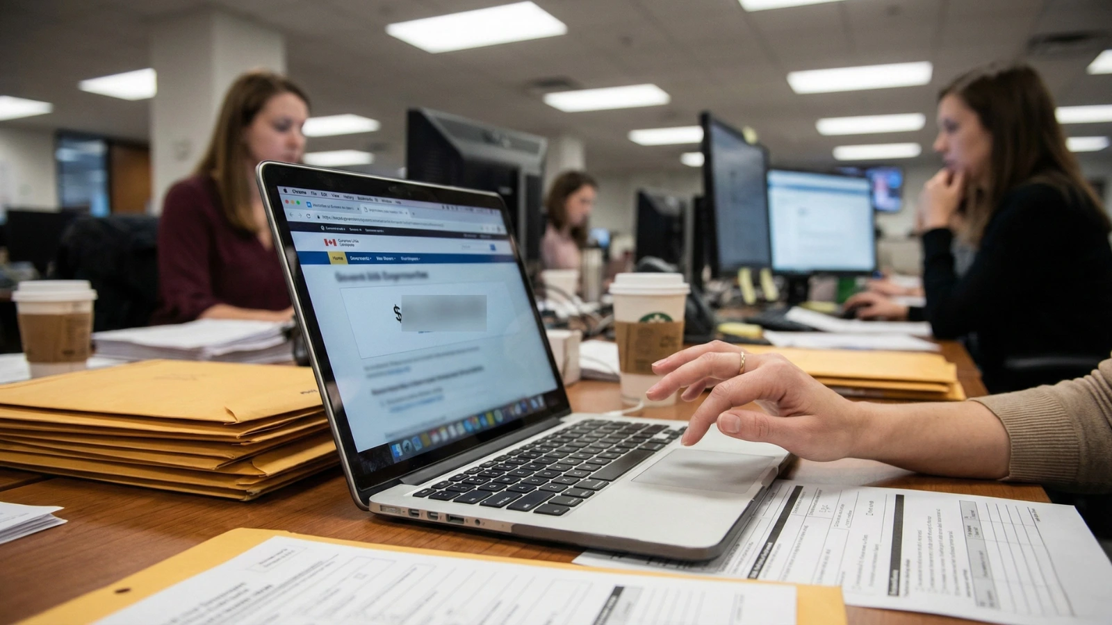 Tax refund status on a laptop screen as paperwork stacks sit on a desk in an office setting