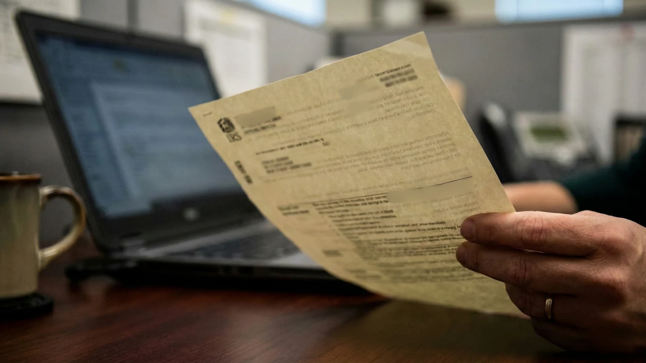 IRS notice held over a desk next to a laptop after a tax refund was offset