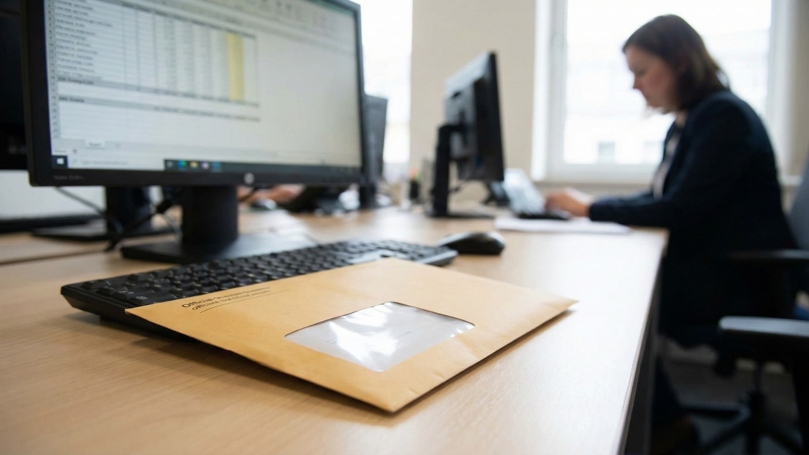 Official envelope on a desk in an office setting, suggesting a wage garnishment notice sent to an employer.
