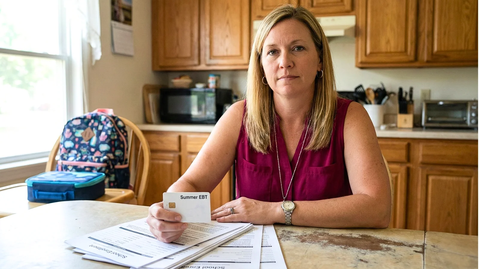 Parent holding a Summer EBT card with school paperwork and backpack in background