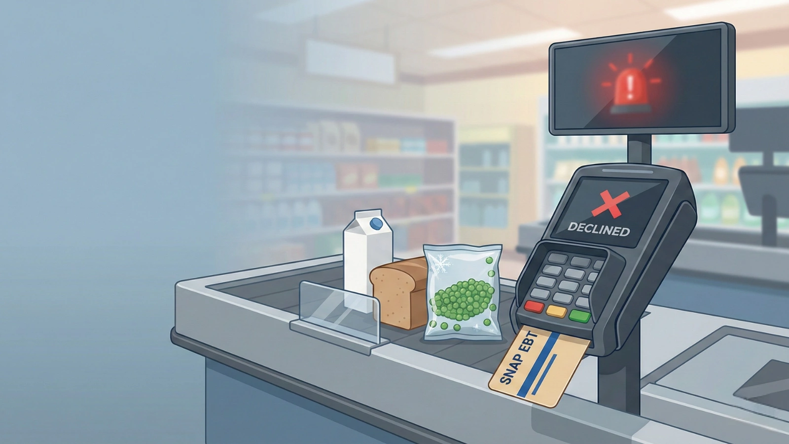 SNAP EBT card inserted into grocery checkout terminal showing a declined transaction warning in a Tennessee supermarket setting.