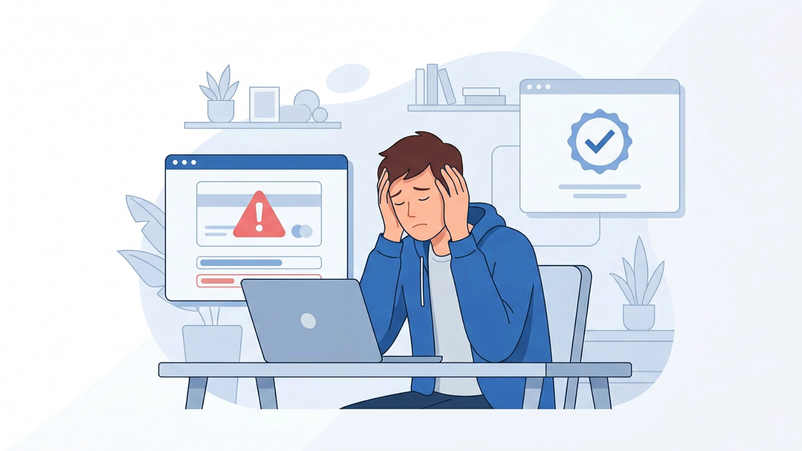 Person stressed at laptop with warning error screen and approved checkmark shown on separate panels
