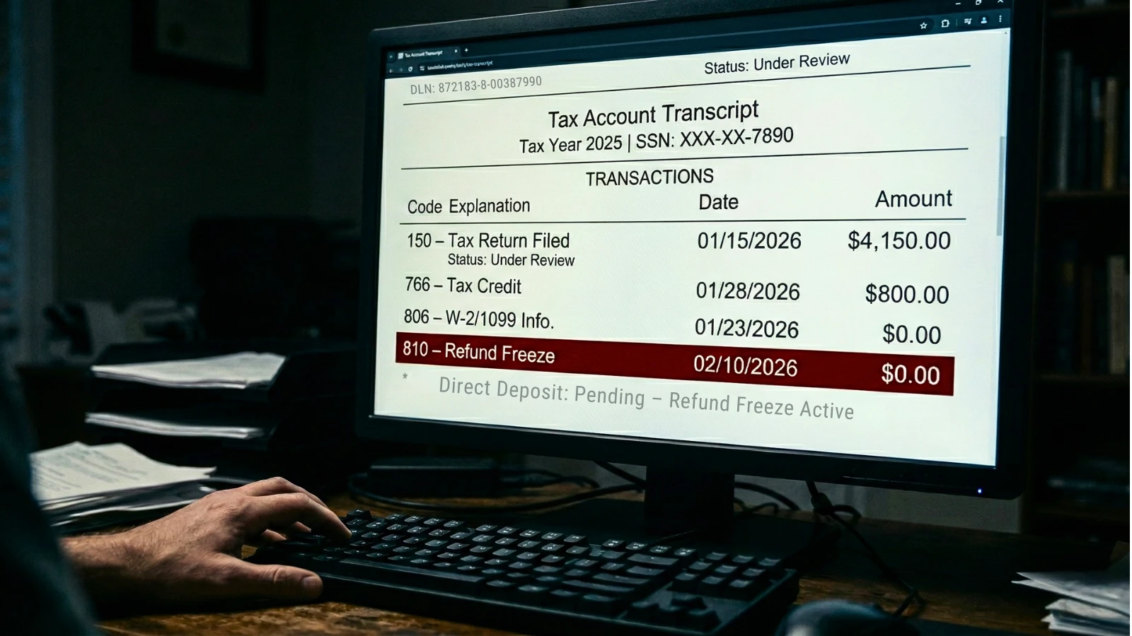 IRS tax account transcript showing Code 810 refund freeze with direct deposit marked pending