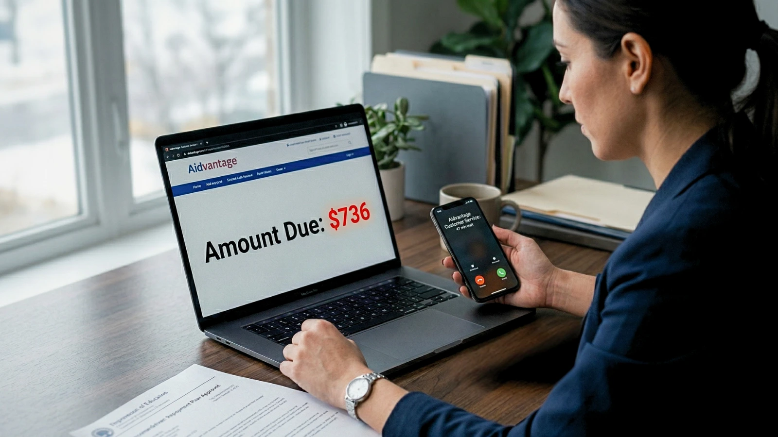 Aidvantage account showing wrong payment amount after IDR approval on laptop screen