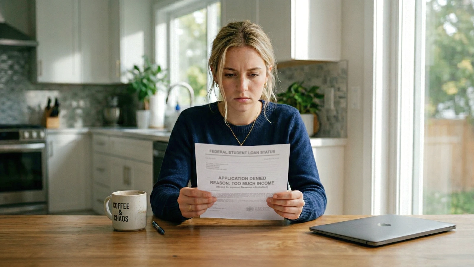 IBR denial letter showing “too much income” while borrower reviews student loan documents