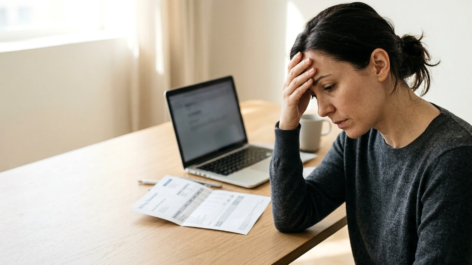Person reviewing a bill on a laptop with a concerned expression after noticing a higher monthly payment