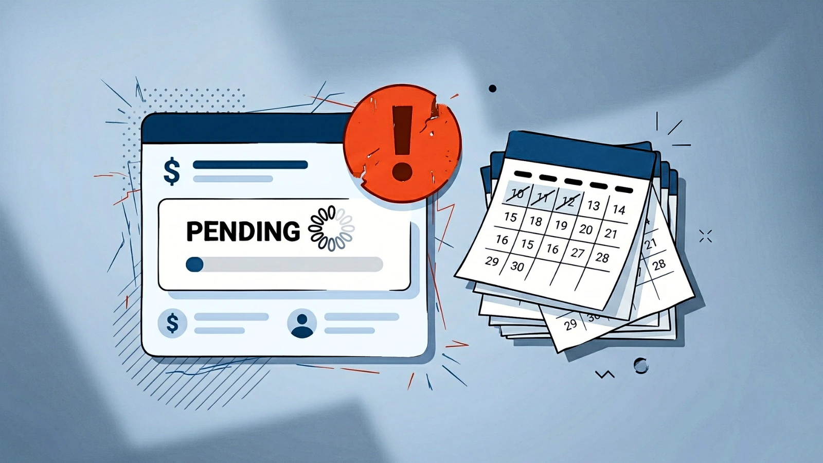Student loan application stuck in pending status with warning icon and calendar showing delay
