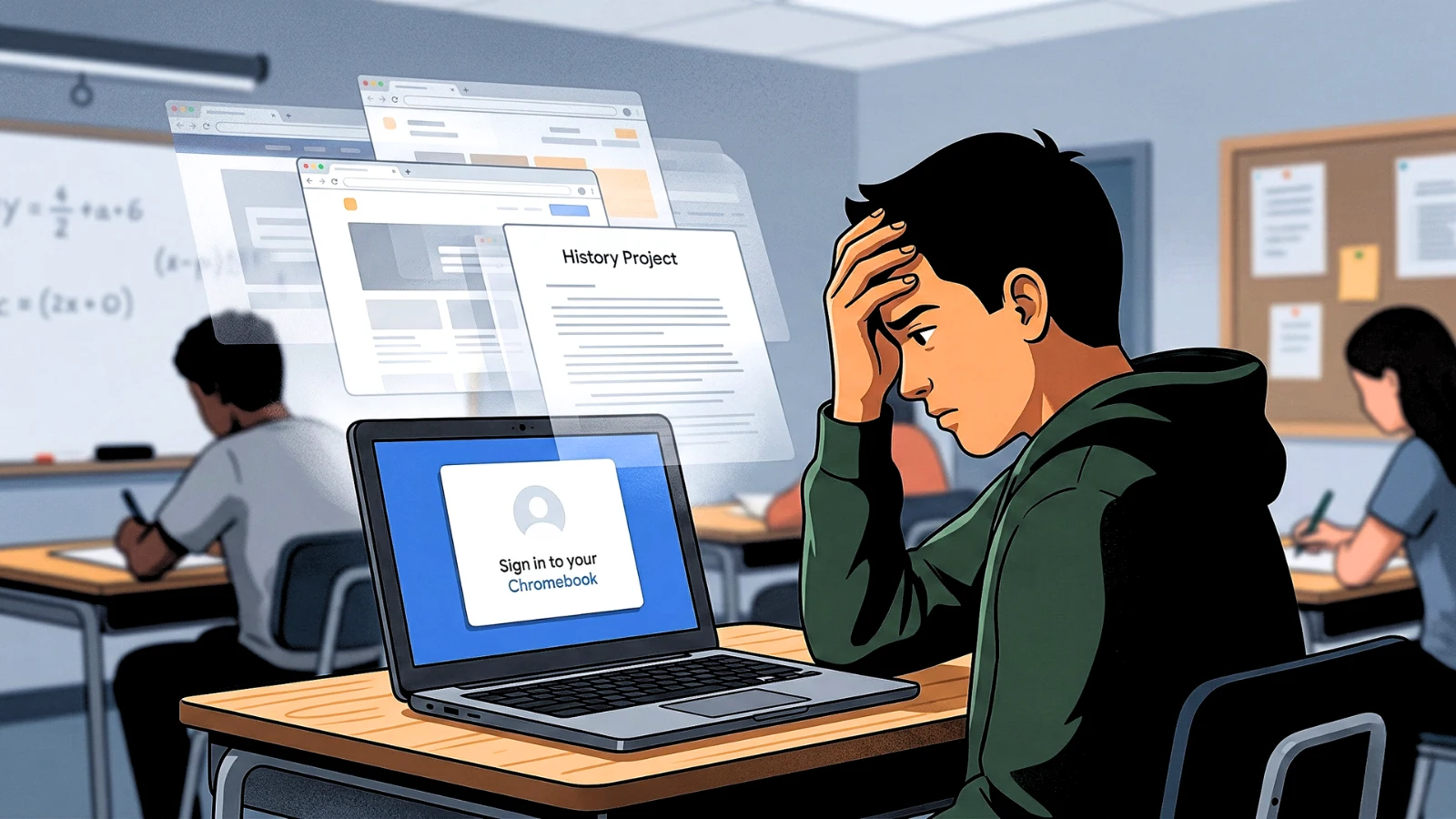 Chromebook showing login screen after sudden logout in classroom while student looks frustrated