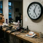 Cosmetology training workspace with mannequin, tools, clock, and small cash showing delayed financial aid