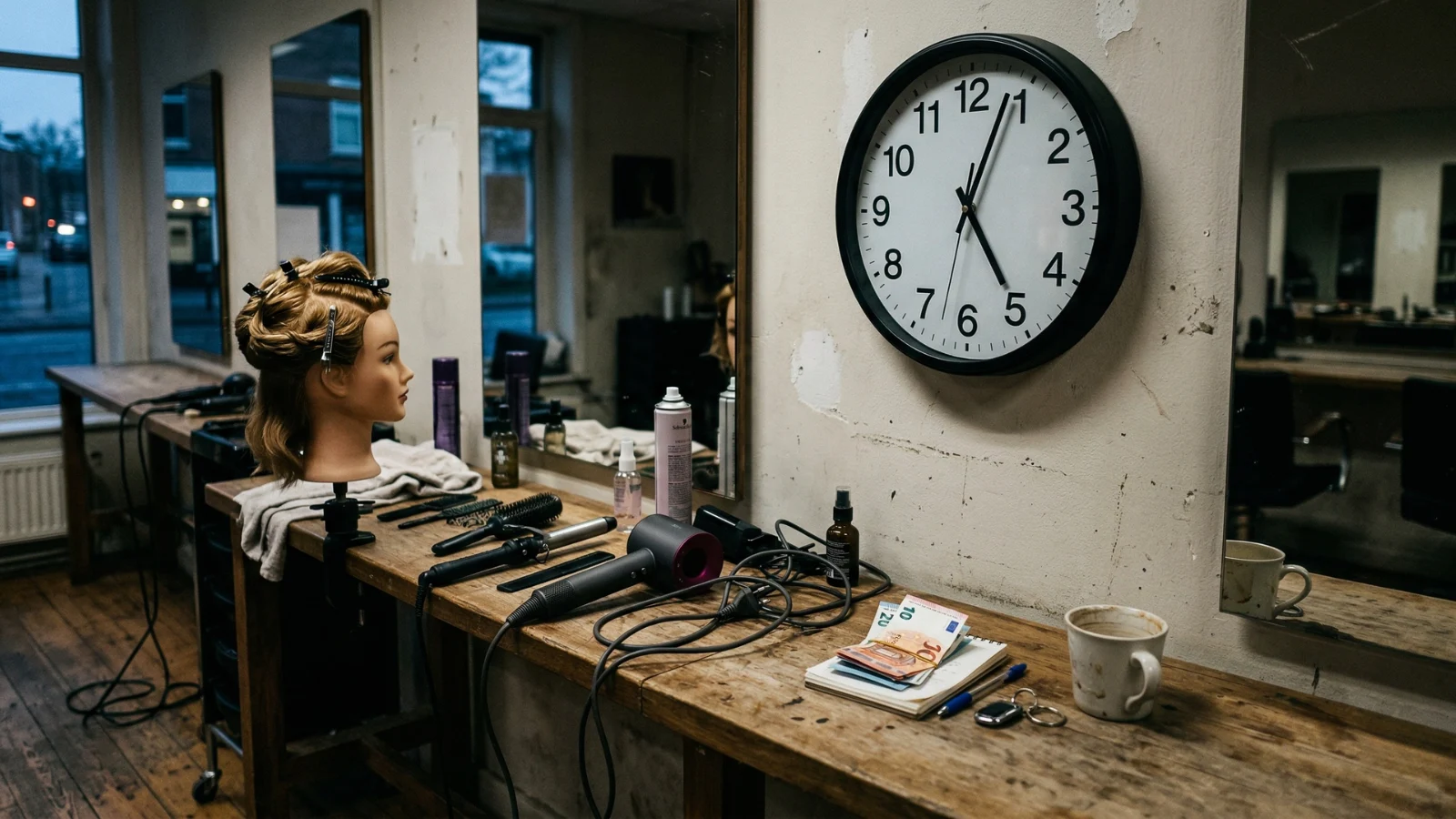 Cosmetology training workspace with mannequin, tools, clock, and small cash showing delayed financial aid