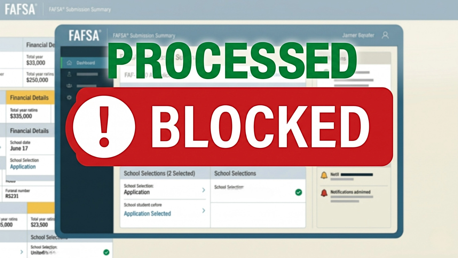 FAFSA dashboard showing “Processed” status with “Blocked” warning after verification failure