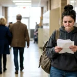 Student reading a bill while parents walk away in the background showing lack of financial support